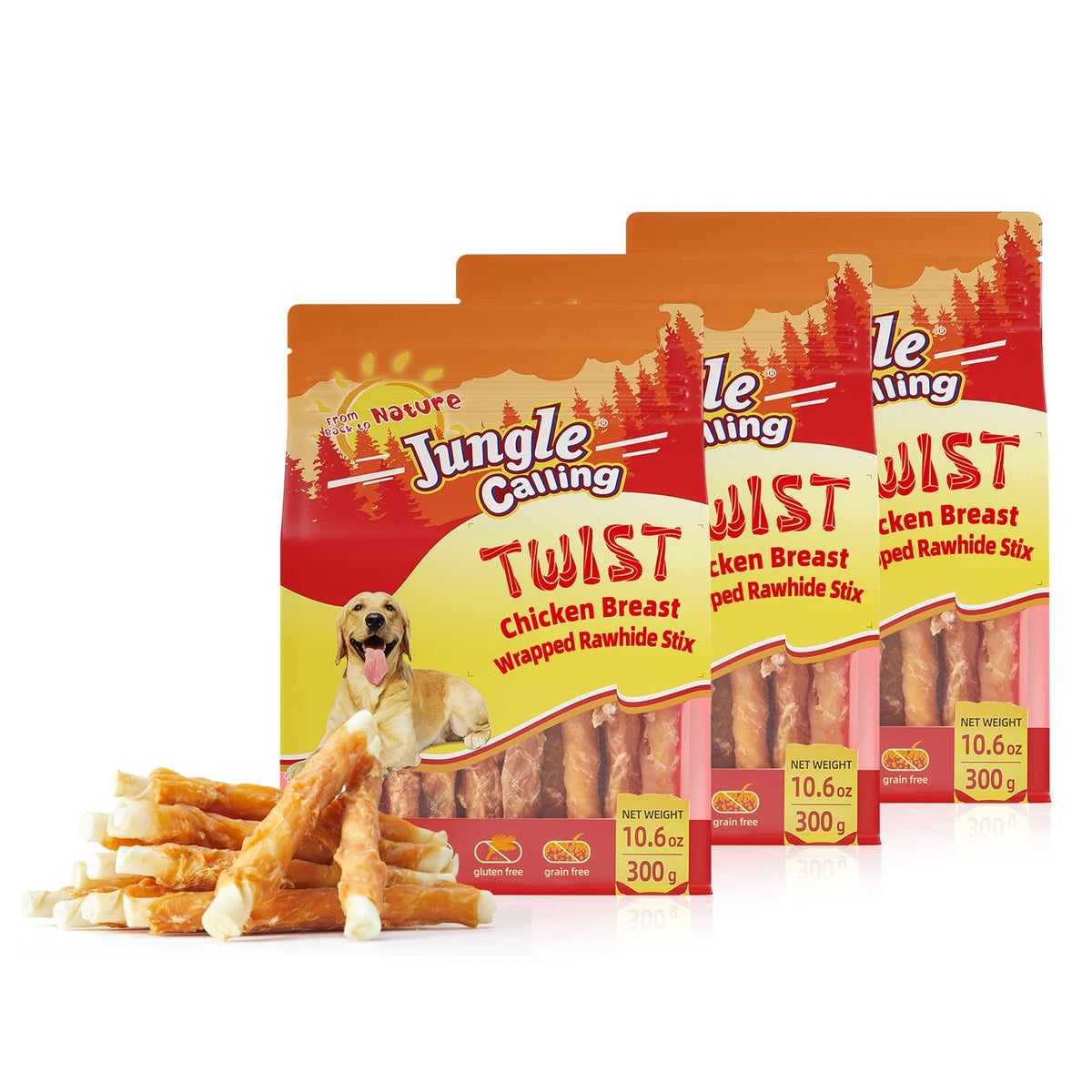 Friandise Jungle Calling enrobée de poulet, texture appétissante et attrayante pour chien.