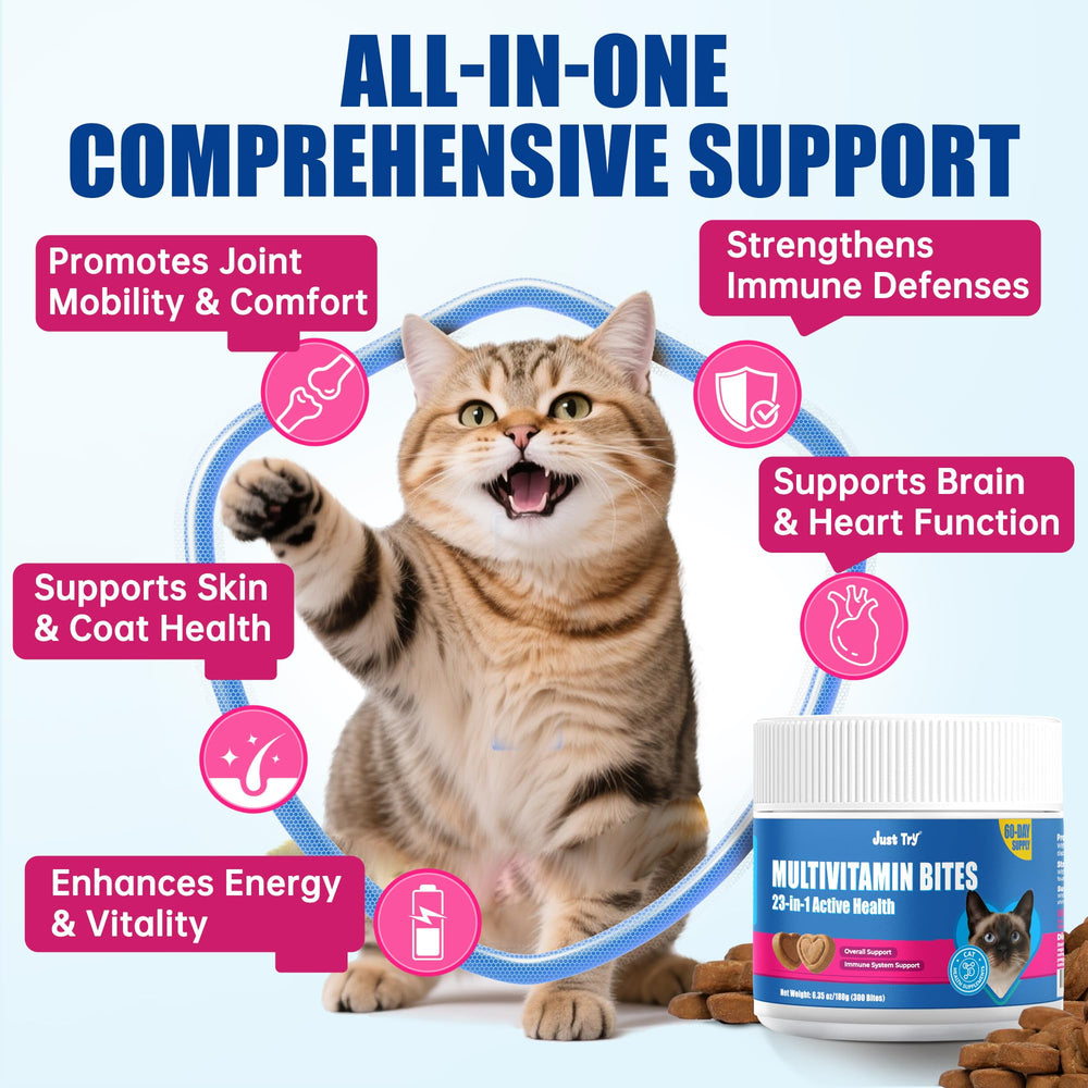 Just Try 23 en 1 Taurine pour chats : biotine et zinc pour peau et pelage sains.