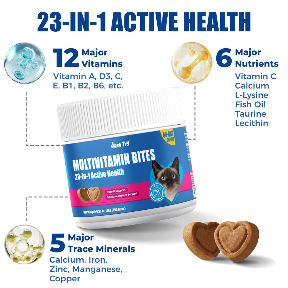 Just Try 23 en 1 Taurine pour chats : emballage clair et bouchon pratique.