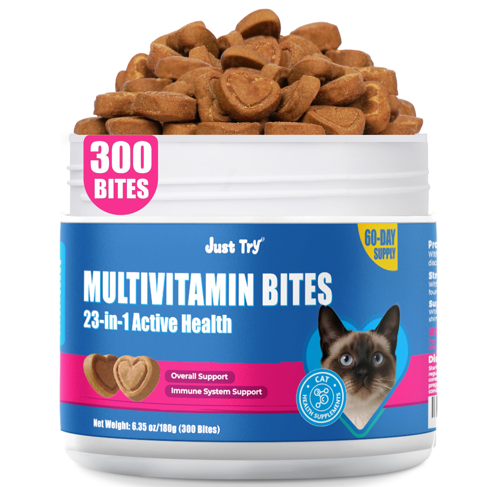 Just Try 23 en 1 Taurine pour chats : gommes dans un pot, soutien immunitaire potentiel.