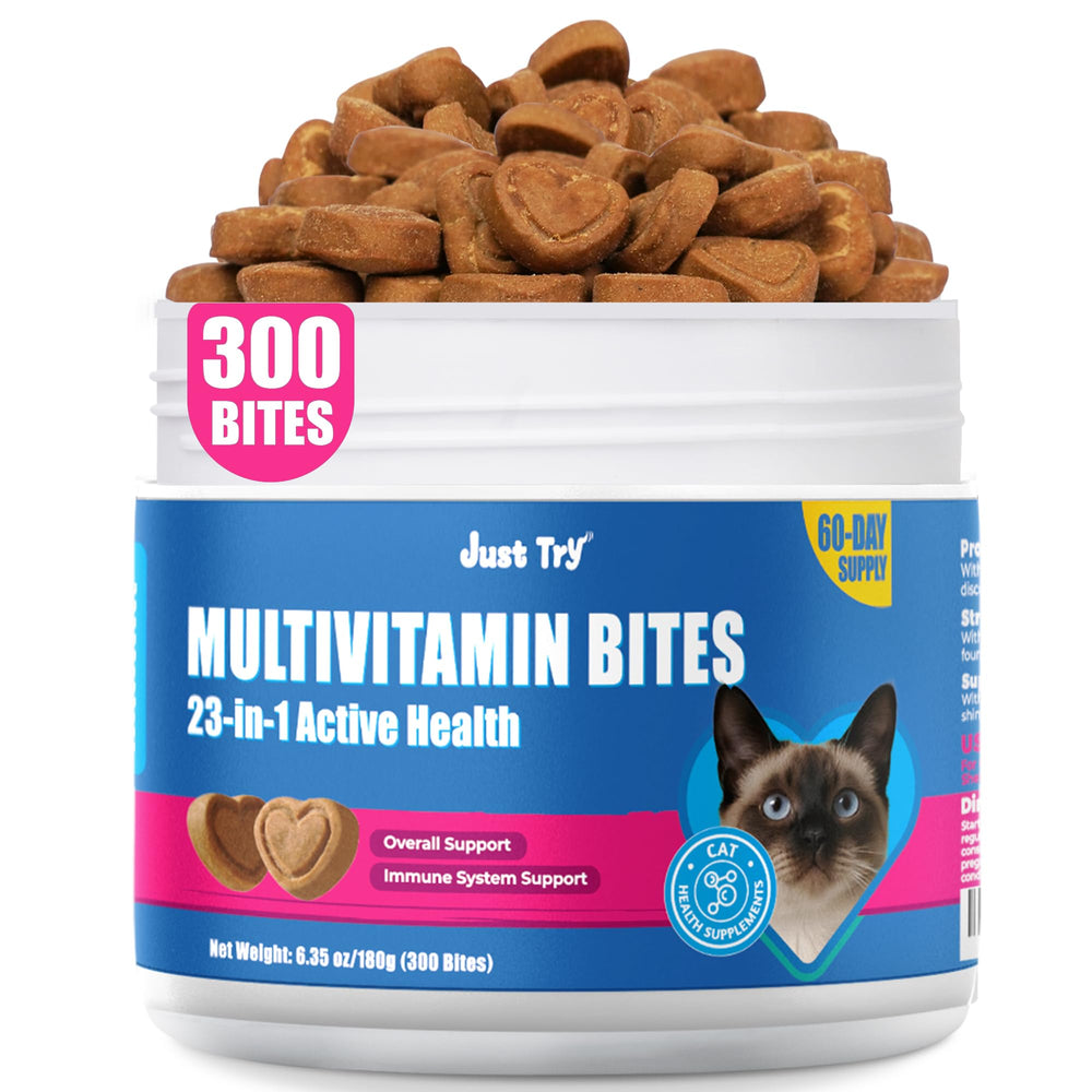 Just Try 23 en 1 Taurine pour chats : gommes dans un pot, soutien immunitaire potentiel.