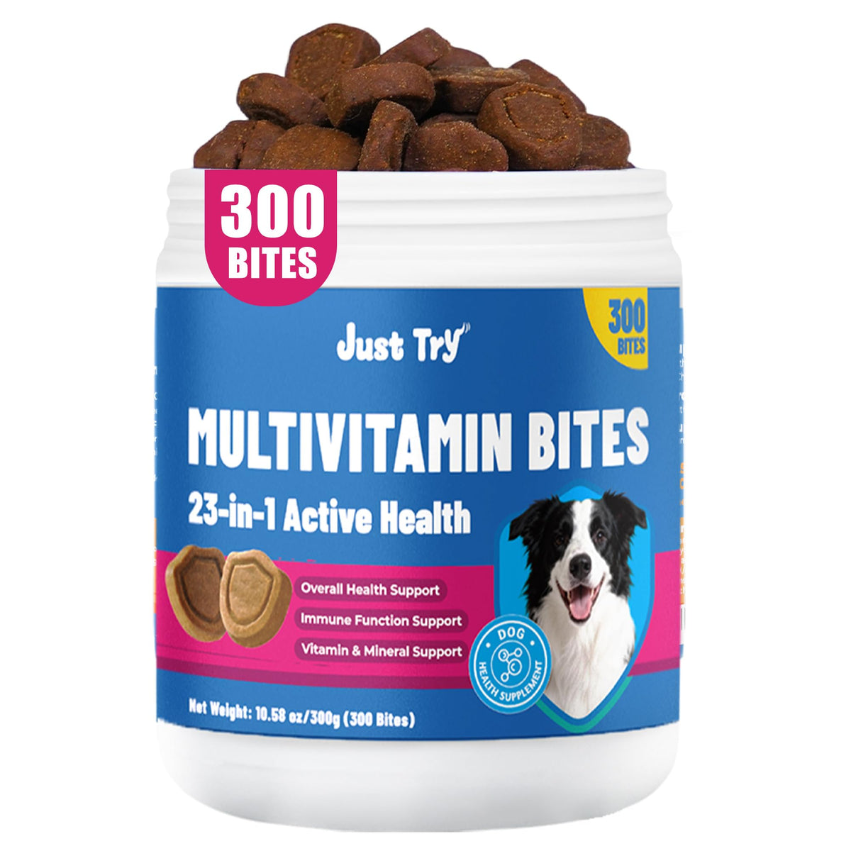 Just Try 300 Bouchées multivitamines chien 23-en-1 pour le bien-être quotidien.