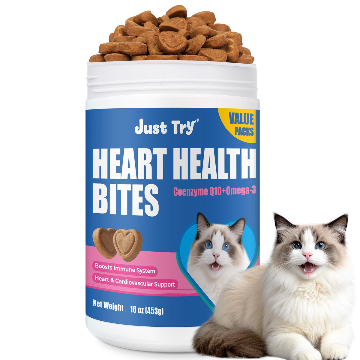 Just Try bouchées coenzyme Q10 chat poulet, soutien potentiel du cœur.