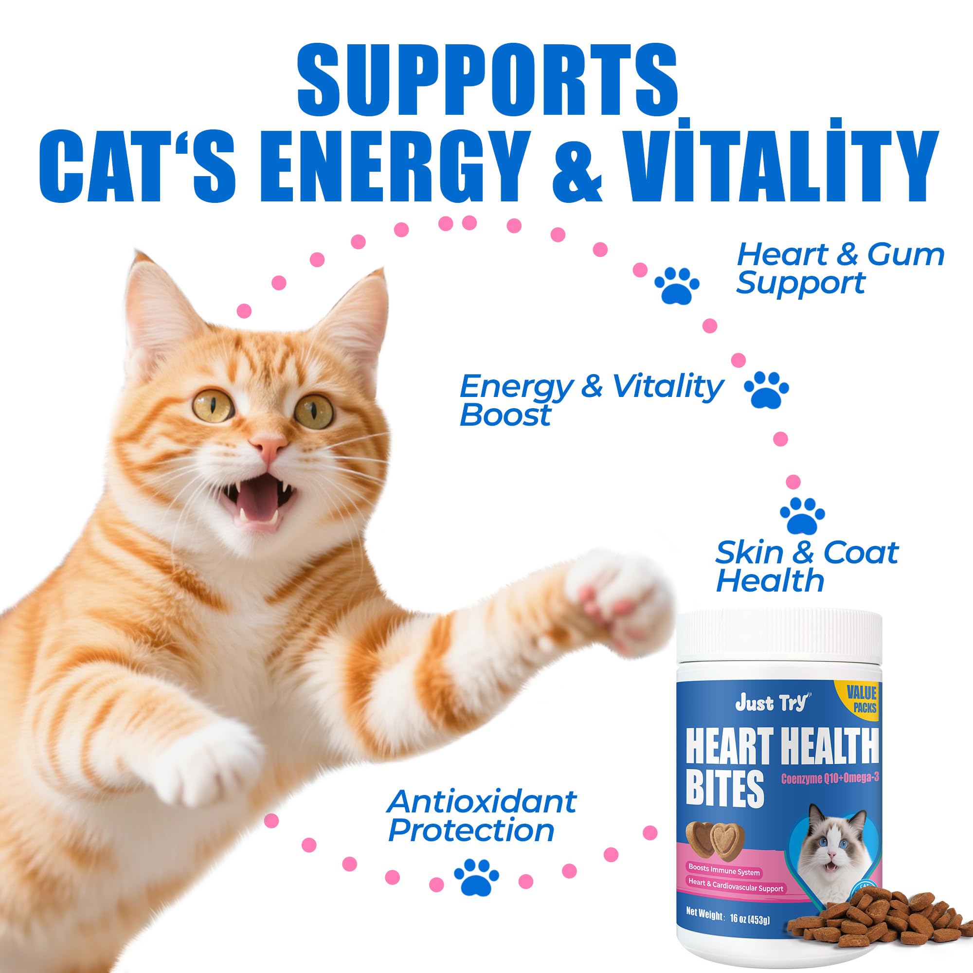 Just Try bouchées coenzyme Q10 chat taurine, soutien cardio potentiel.