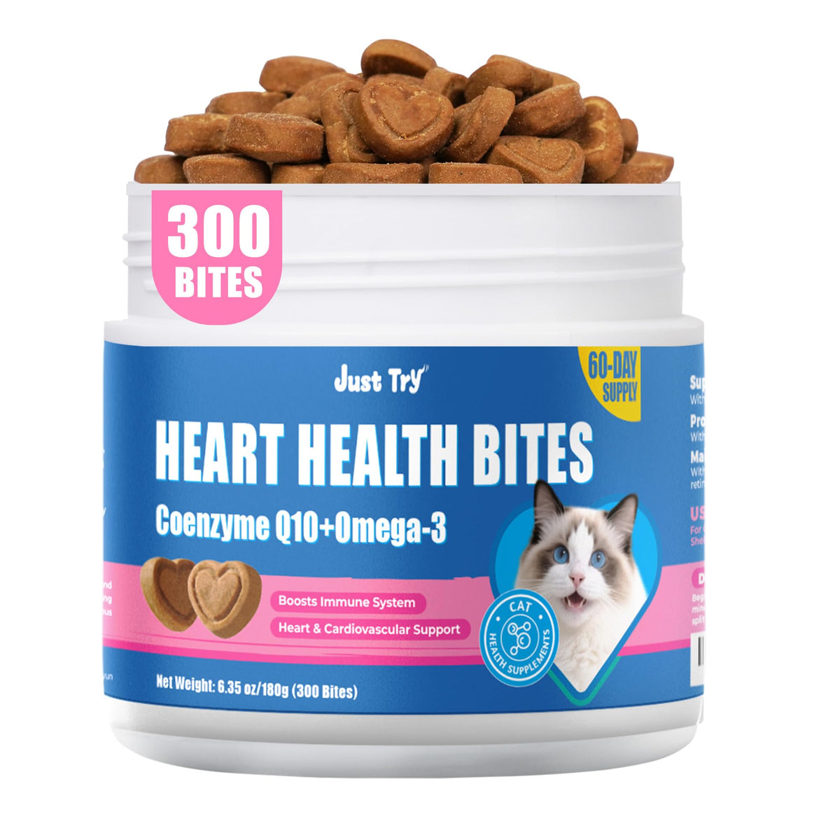 Just Try Coenzyme Q10 Bites pour chats, emballage 300 unités, pratique à intégrer à la routine.