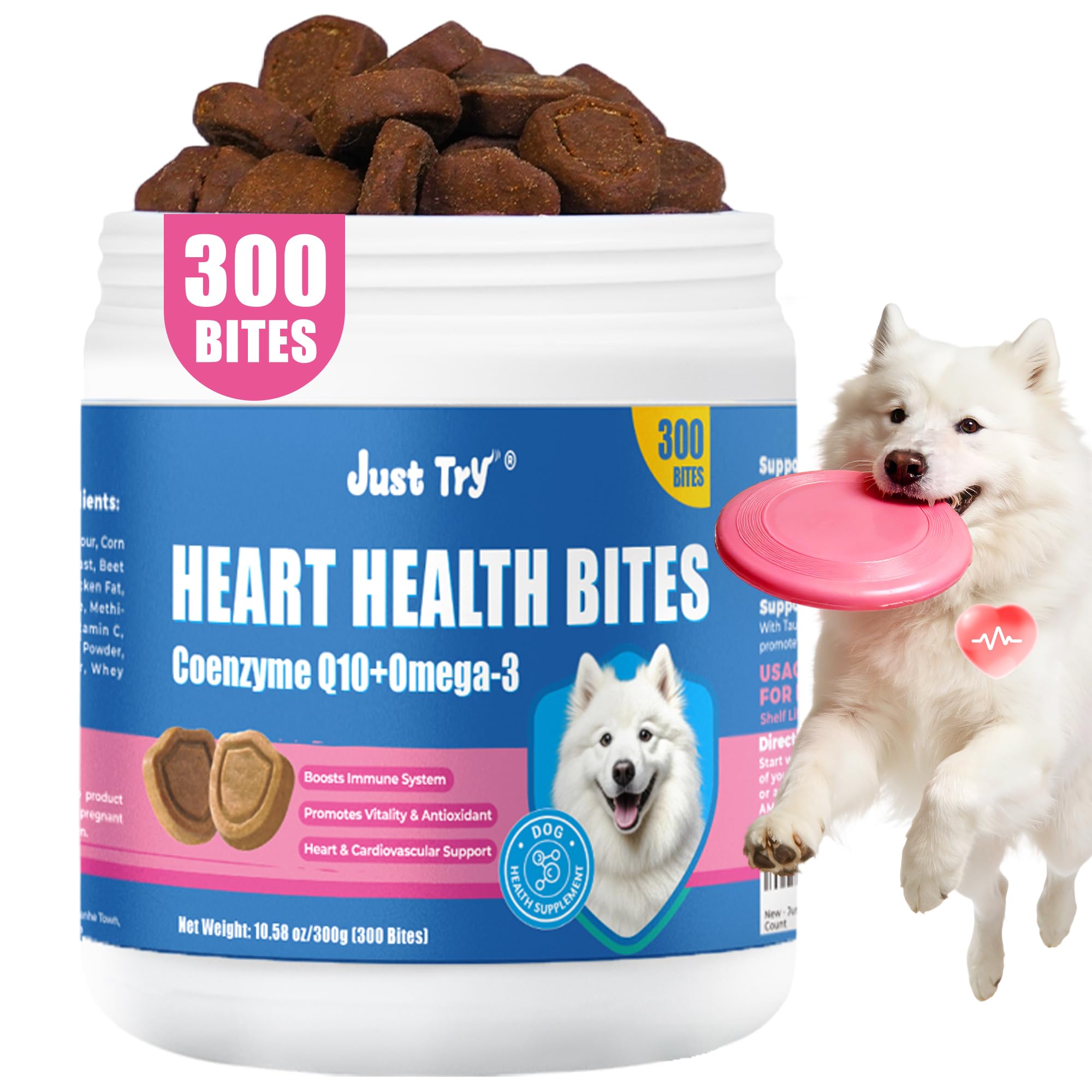 Just Try CoQ10 Bouchées Poulet Chien, soutien cardio potentiel et goût apprécié