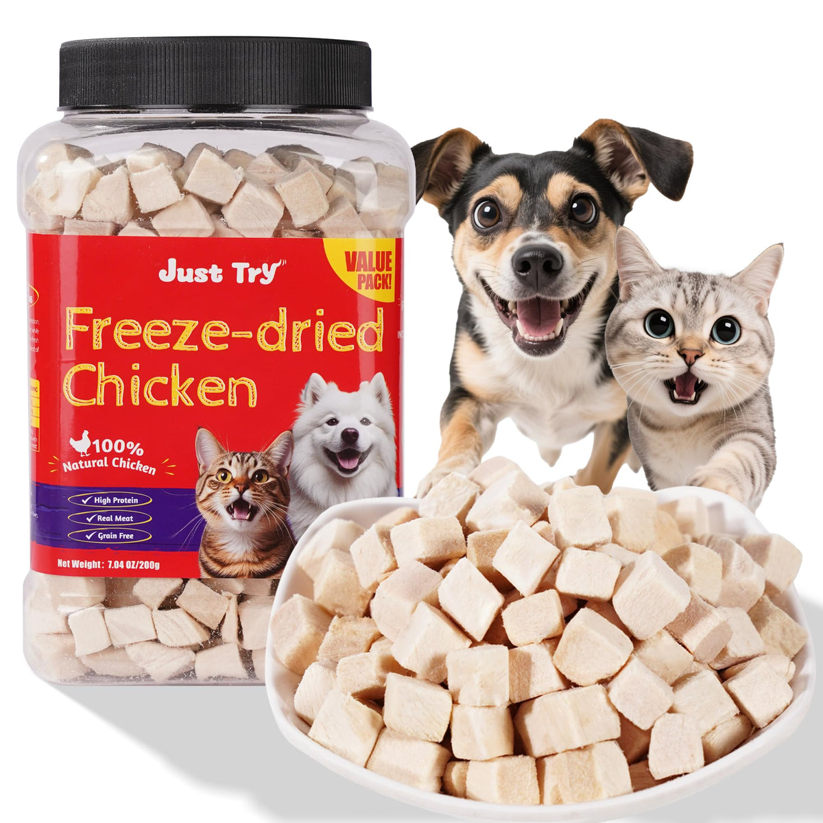 Just Try cubes poulet séché pour chat, friandise pratique.