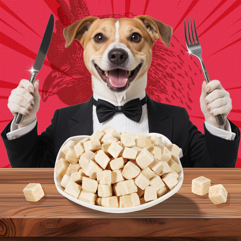 Just Try cubes poulet séché pour chien, snack protéiné.