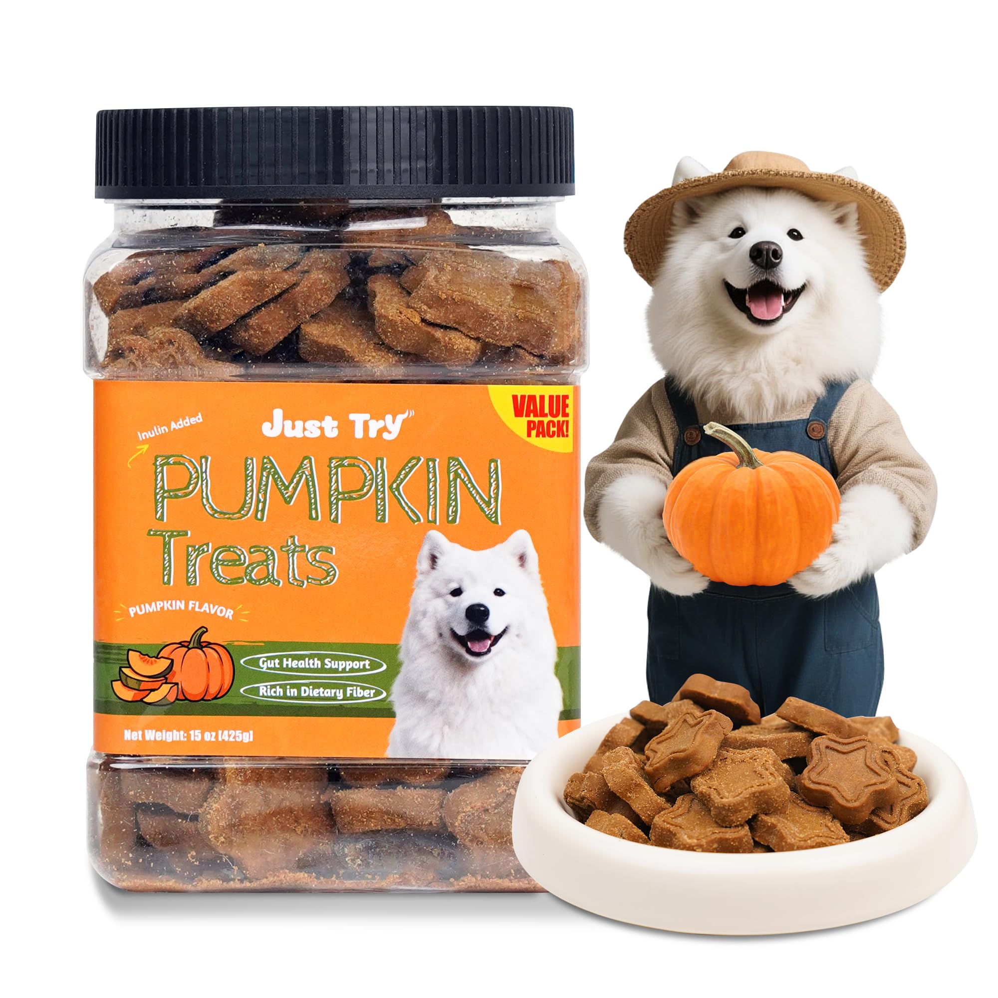 Just Try friandises chien citrouille 15oz — soutien digestif potentiel et goût agréable.