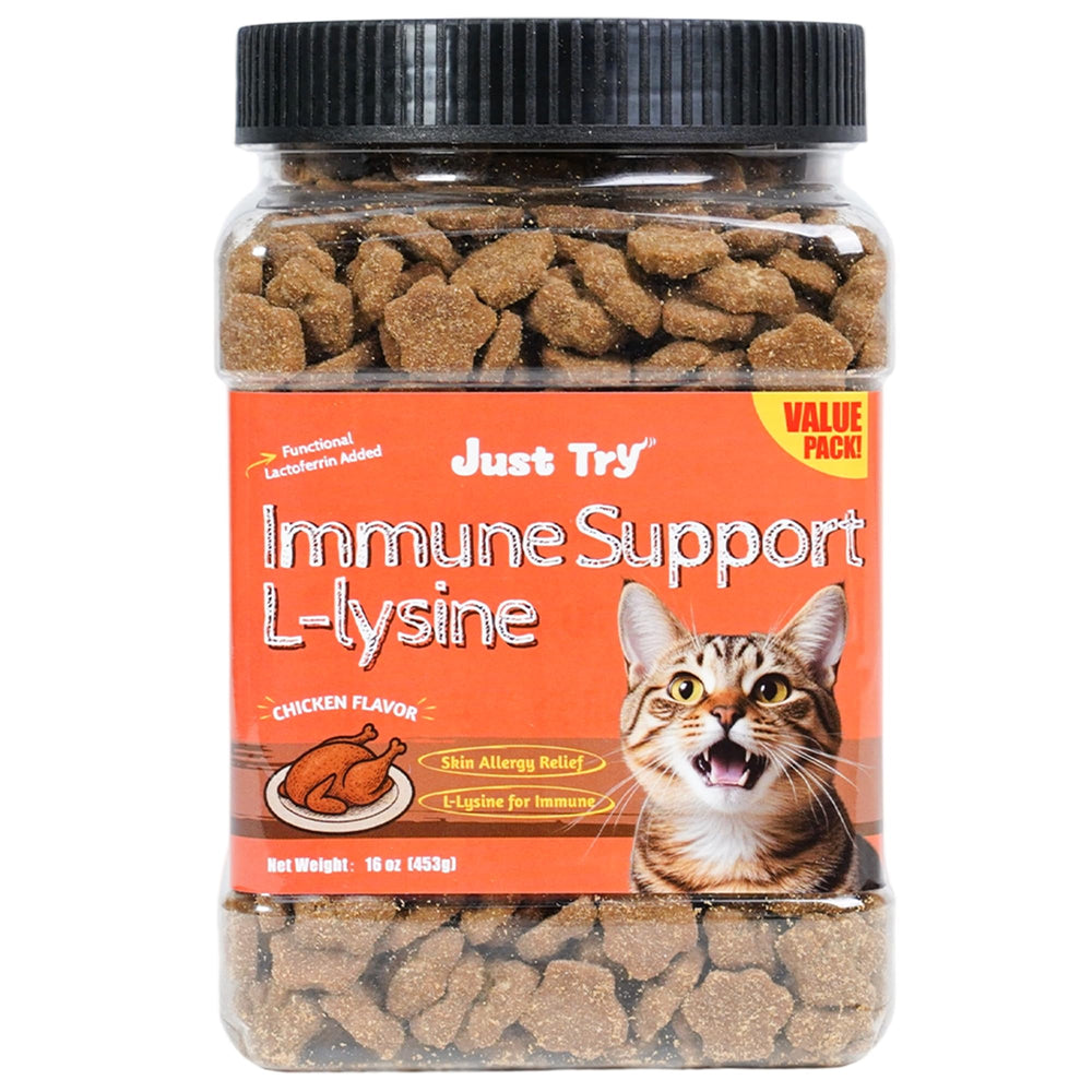 Just Try Lysine Cat Treats emballage fermé pour fraîcheur durable et facilité d'utilisation.
