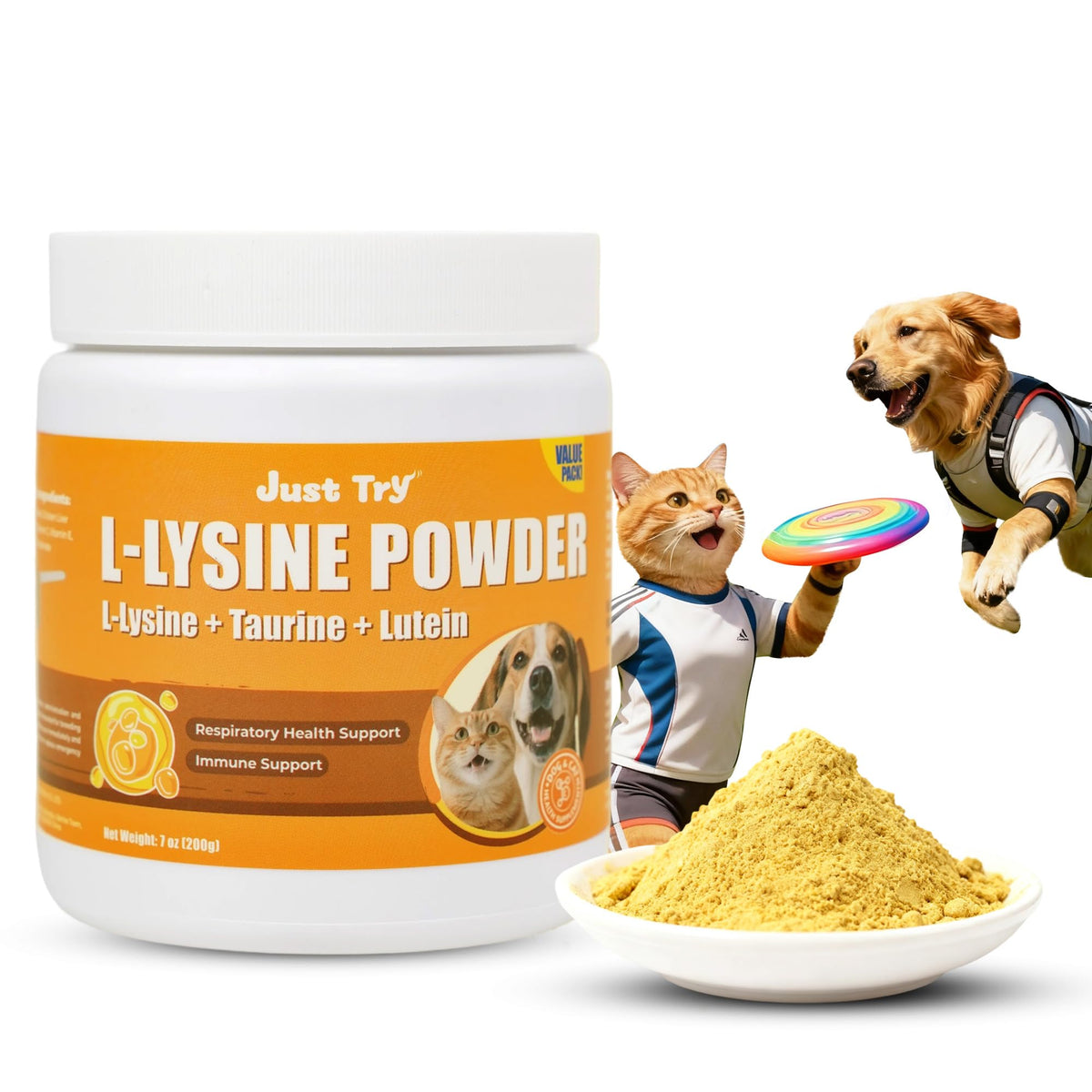 Just Try Poudre Lysine pour chats, bouteille, soutien immunitaire potentiel.