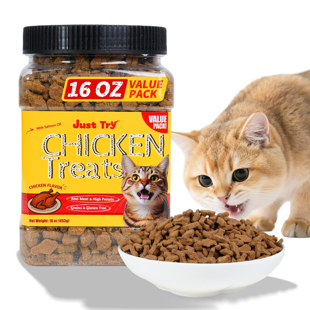 Just Try friandises poulet pour chats: emballage en bocal pratique pour la fraîcheur.