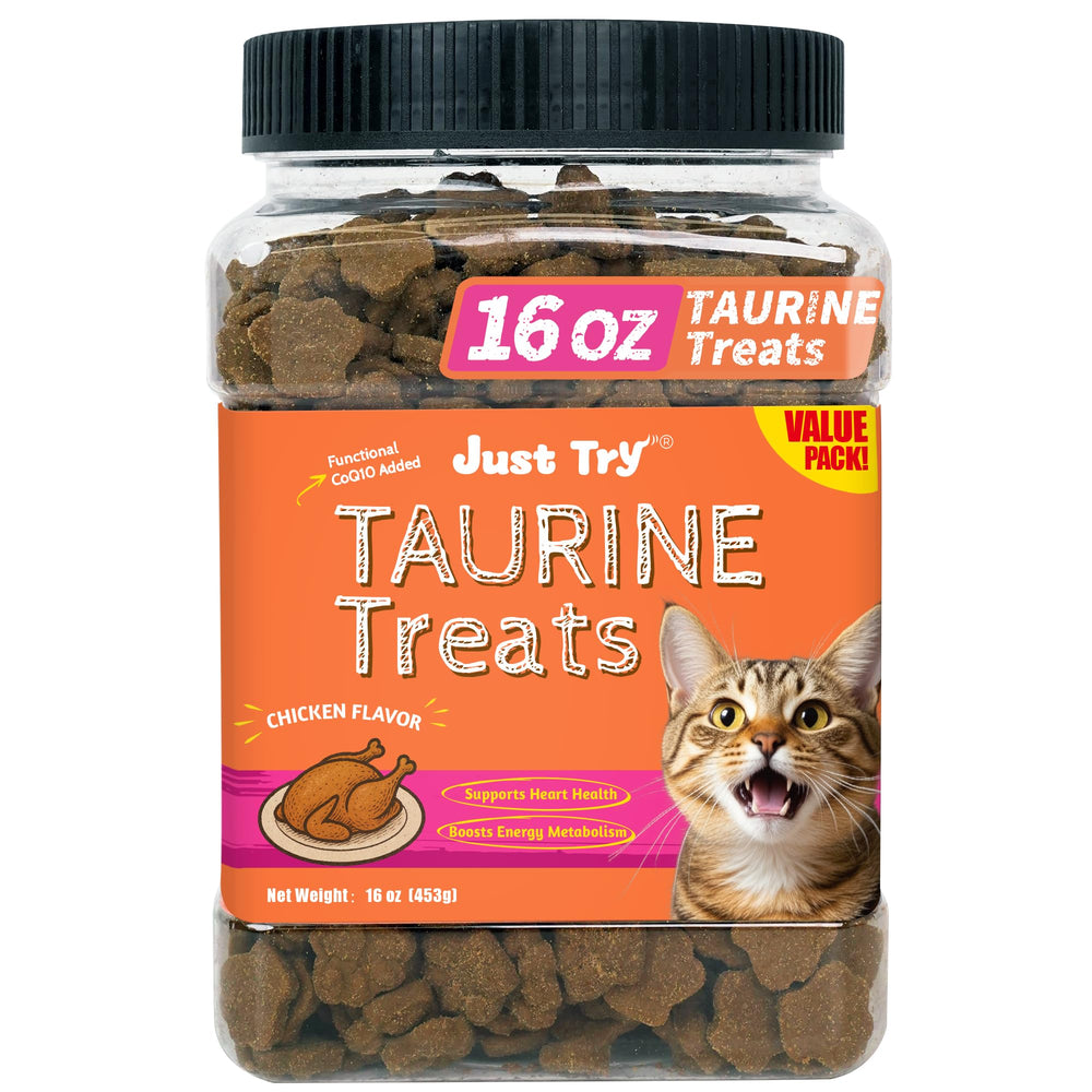 Just Try Taurine pour chat, bouchée poulet — soutien possible cœur et énergie quotidienne.