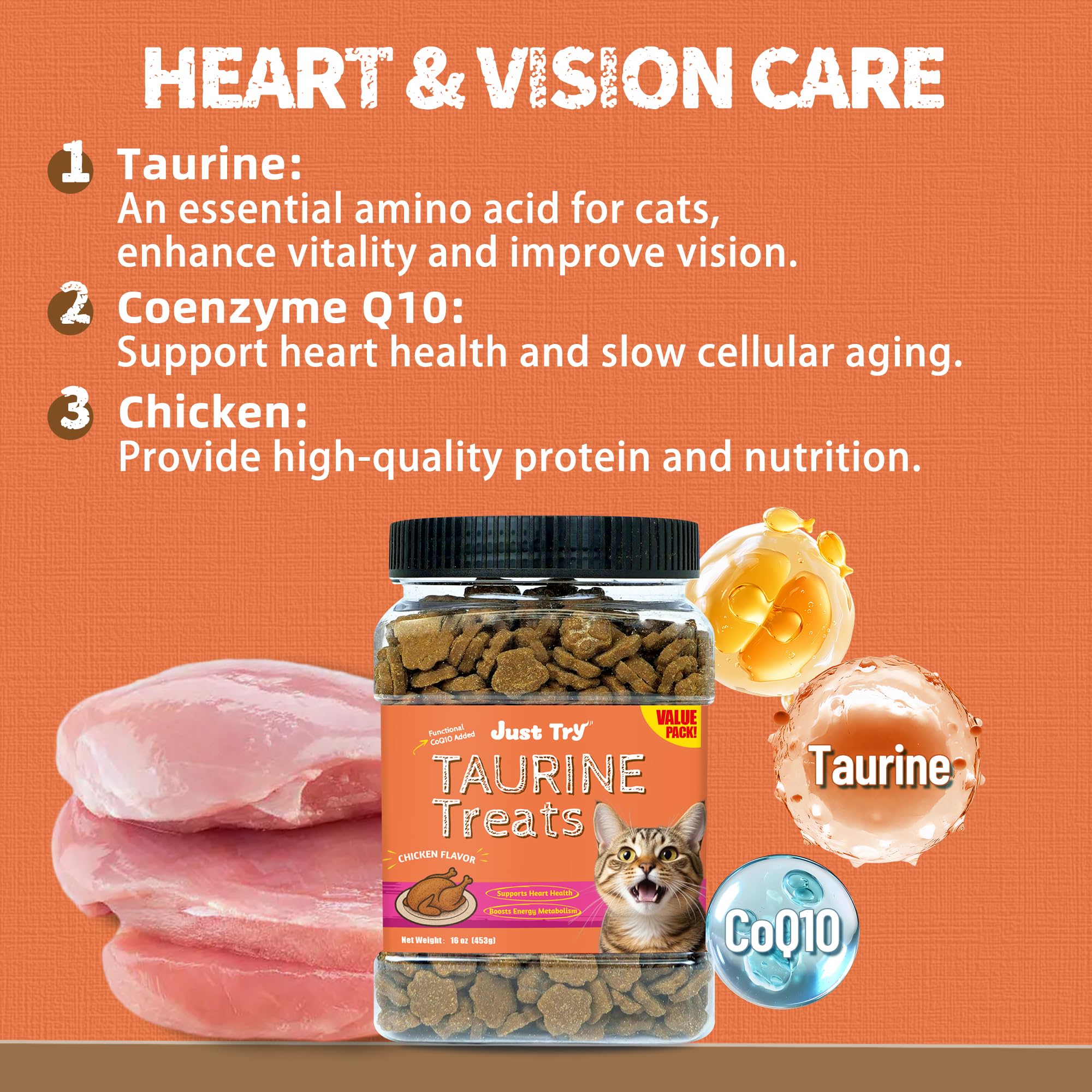 Just Try Taurine chat — coq10 et poulet, énergie cellulaire potentielle.