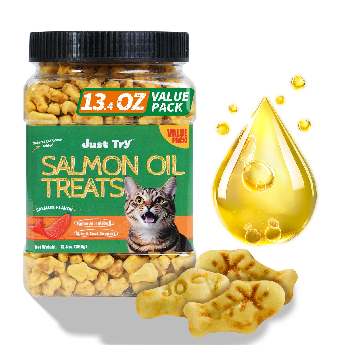 Just Try tub refermable de friandises saumon pour récompenser votre chat.