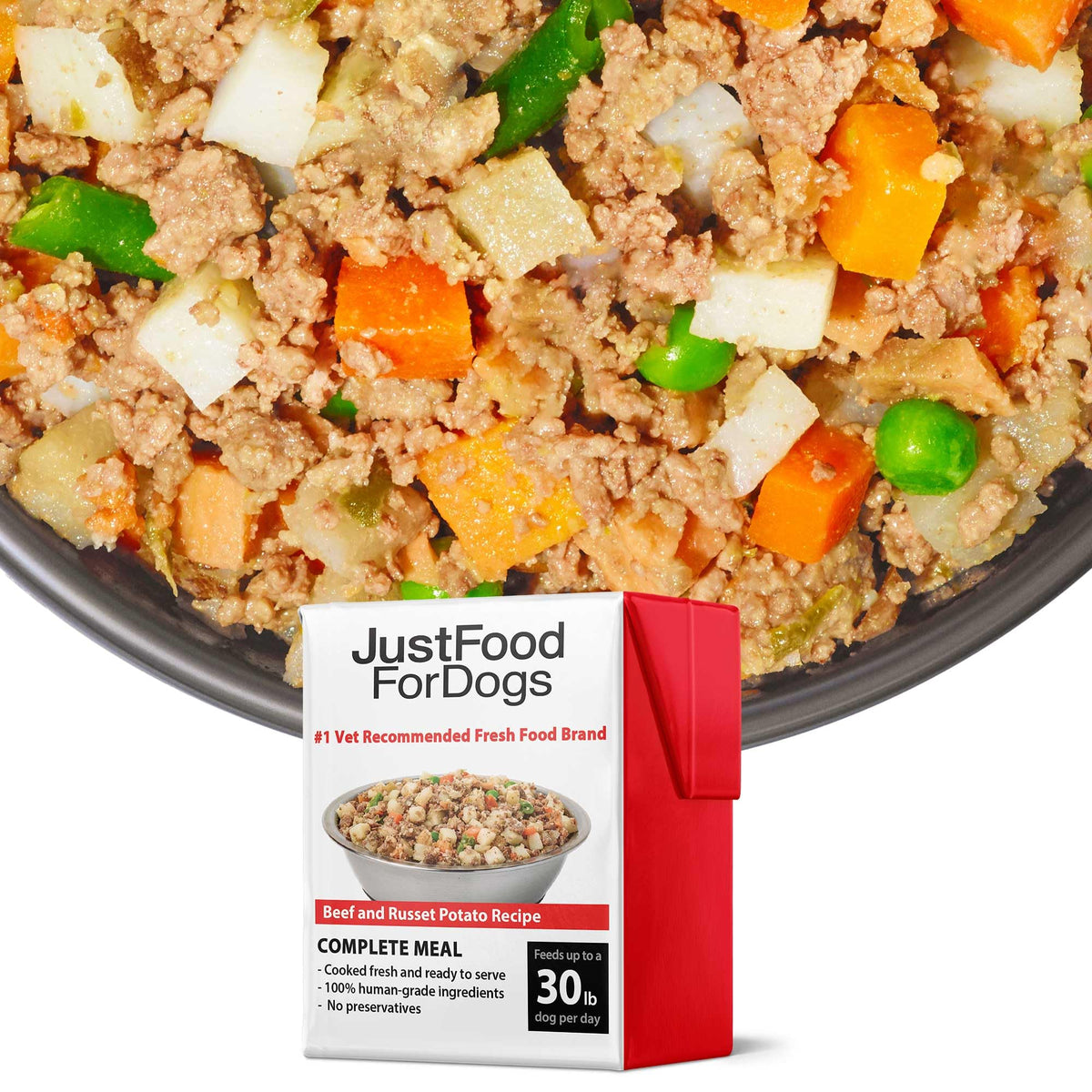 JustFoodForDogs boeuf et pomme de terre russet en pâtée offrant une texture humide et appétissante