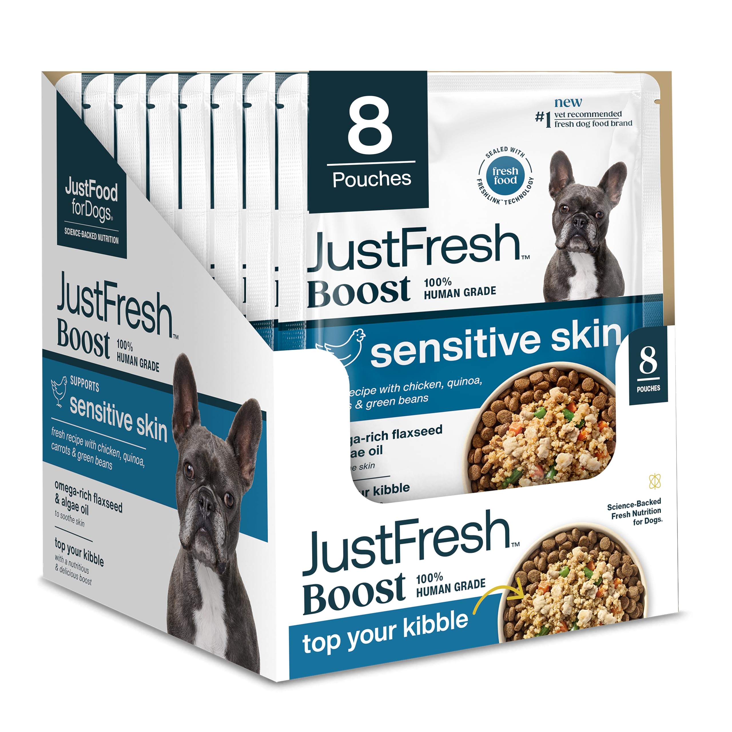 JustFoodForDogs Boost Skin, Poche refermable: pratique et frais jusqu'au prochain repas.