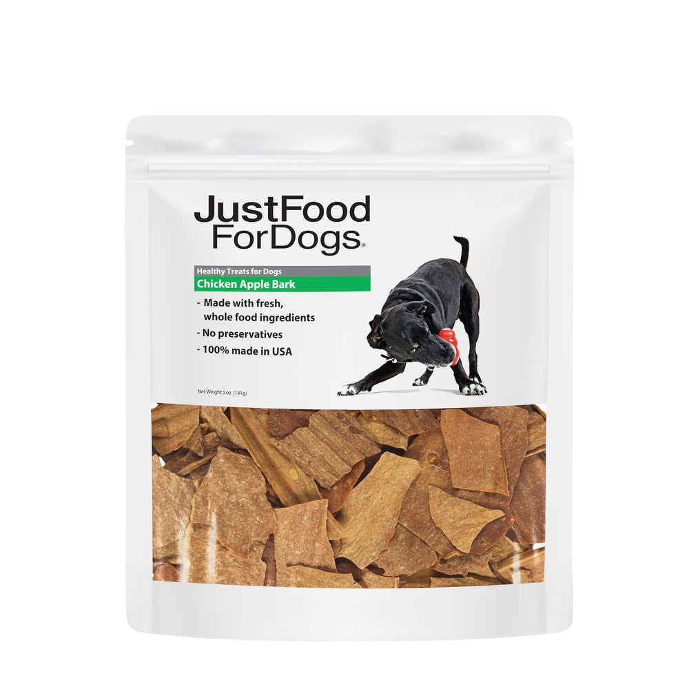 JustFoodForDogs Chicken Apple Bark emballage pratique et sans conservateurs.