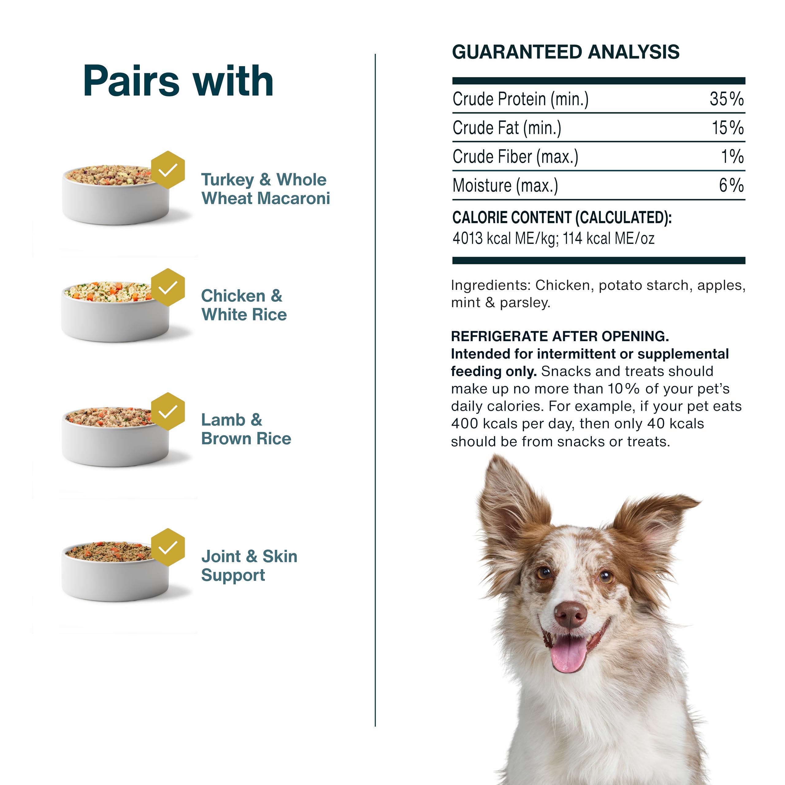 JustFoodForDogs Chicken Apple Bark sans arômes artificiels, parfait pour l'entraînement.