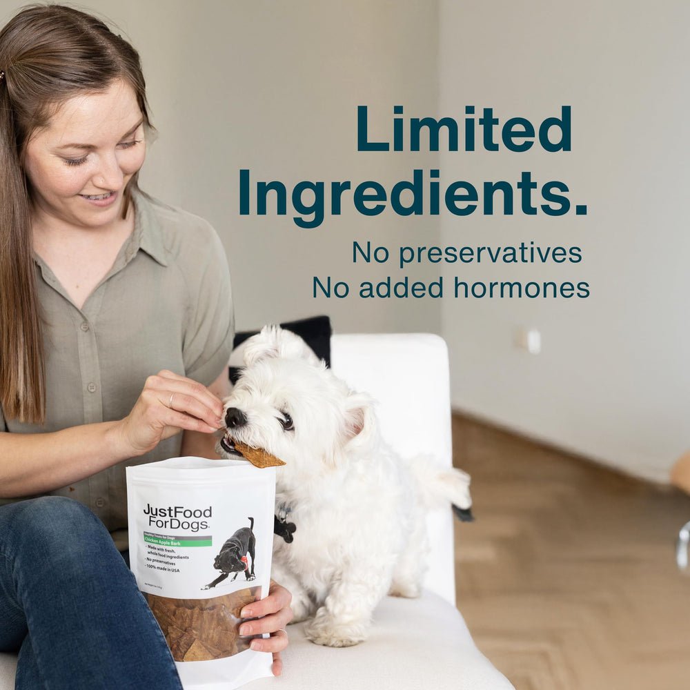 JustFoodForDogs Chicken Apple Bark sans céréales, idéal pour chiens sensibles.