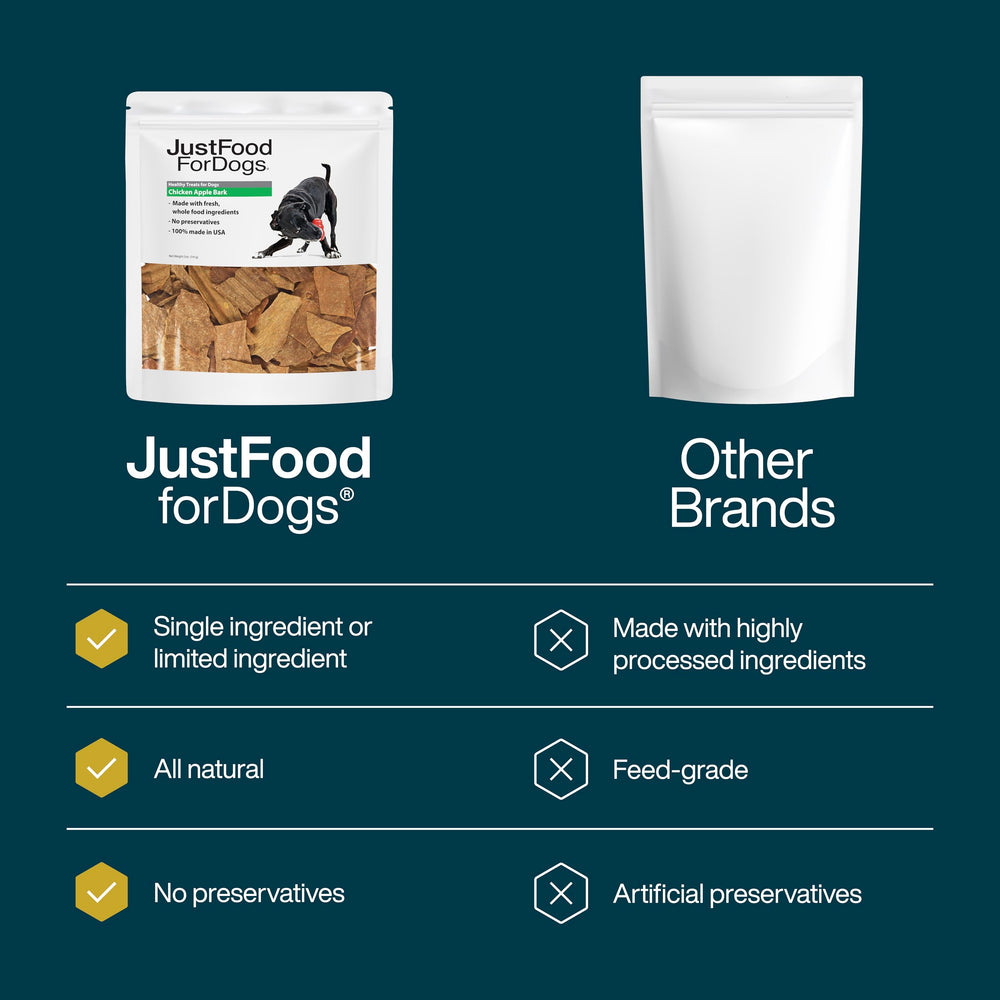 JustFoodForDogs Chicken Apple Bark fabriquée aux États‑Unis, frais et naturel.