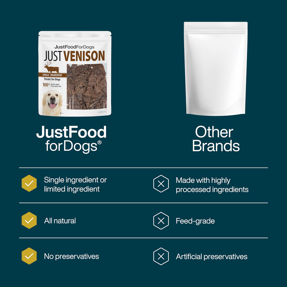 JustFoodForDogs croquant-venaison: texture semi-croustillante pour stimulation et plaisir.