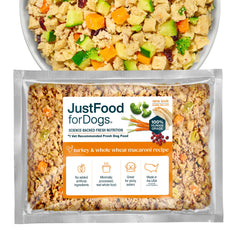 JustFoodForDogs emballage dinde-macaroni complet, repas pratique et équilibré.