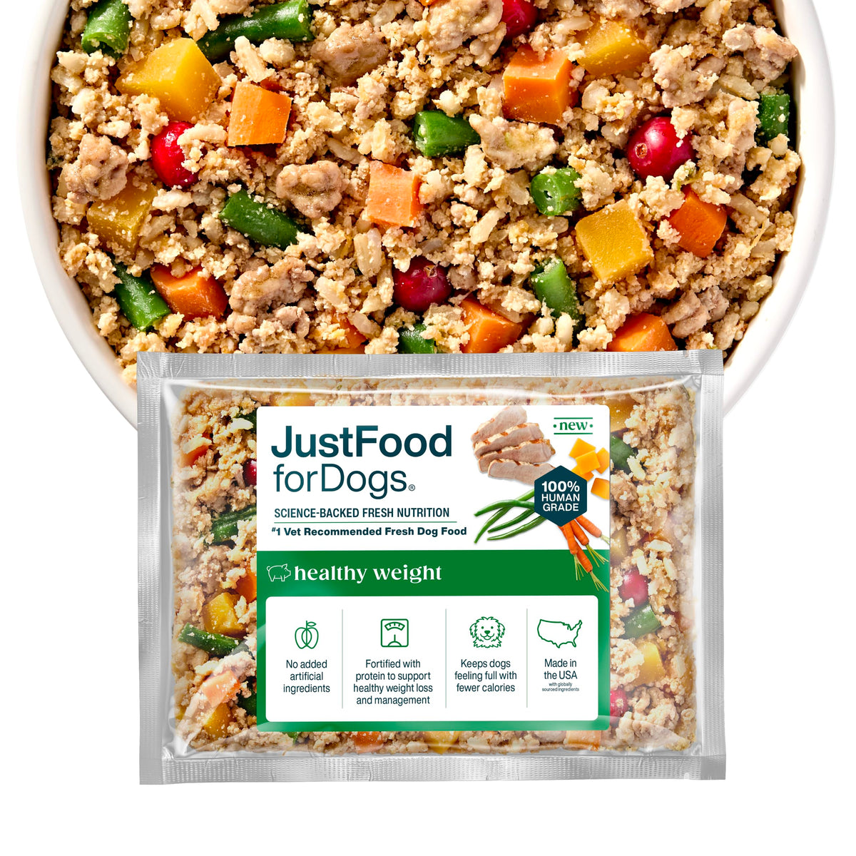 JustFoodForDogs plat bœuf frais surgelé, support potentiel pour la gestion du poids.
