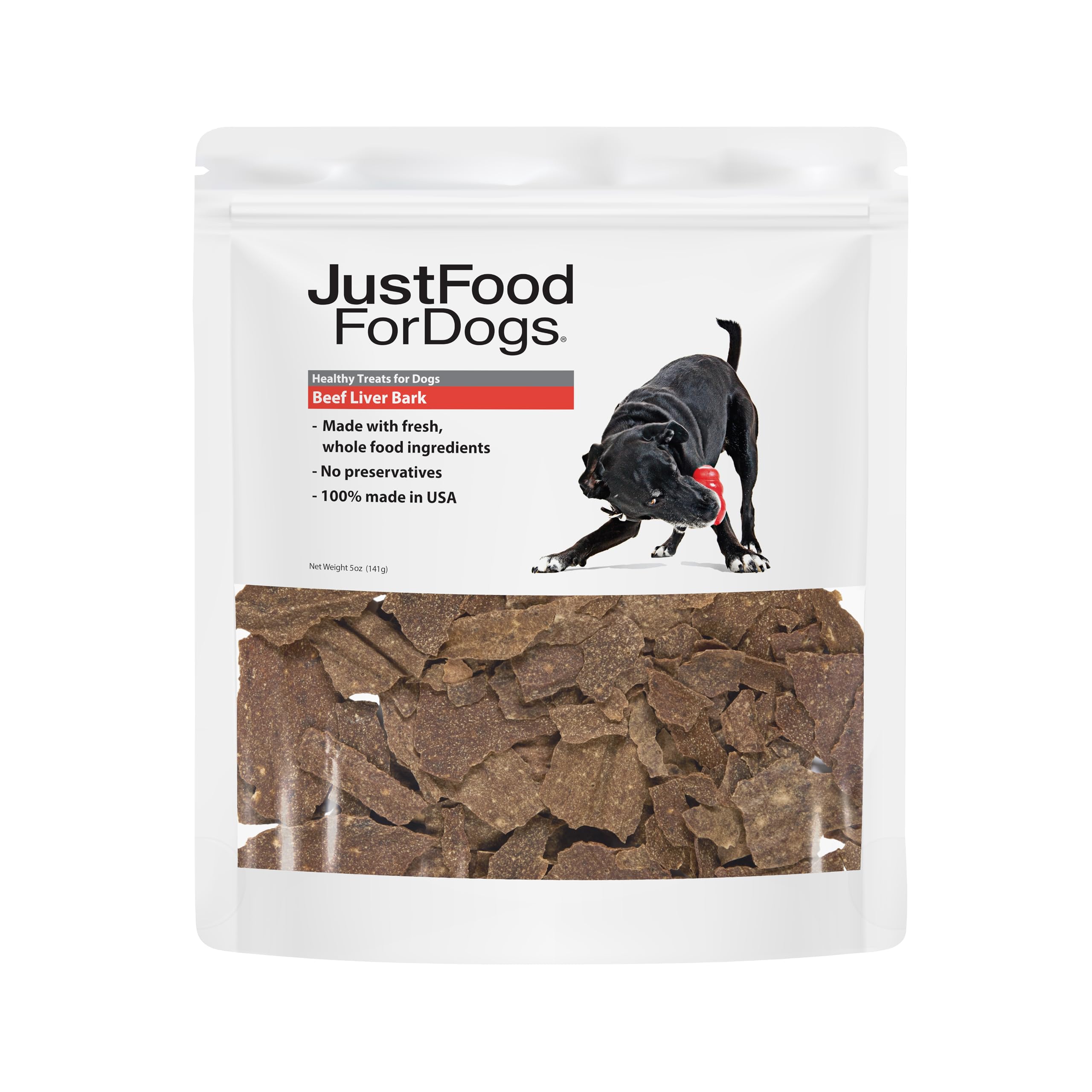 JustFoodForDogs friandises foie de boeuf emballage, snack sain et appétissant pour chien.
