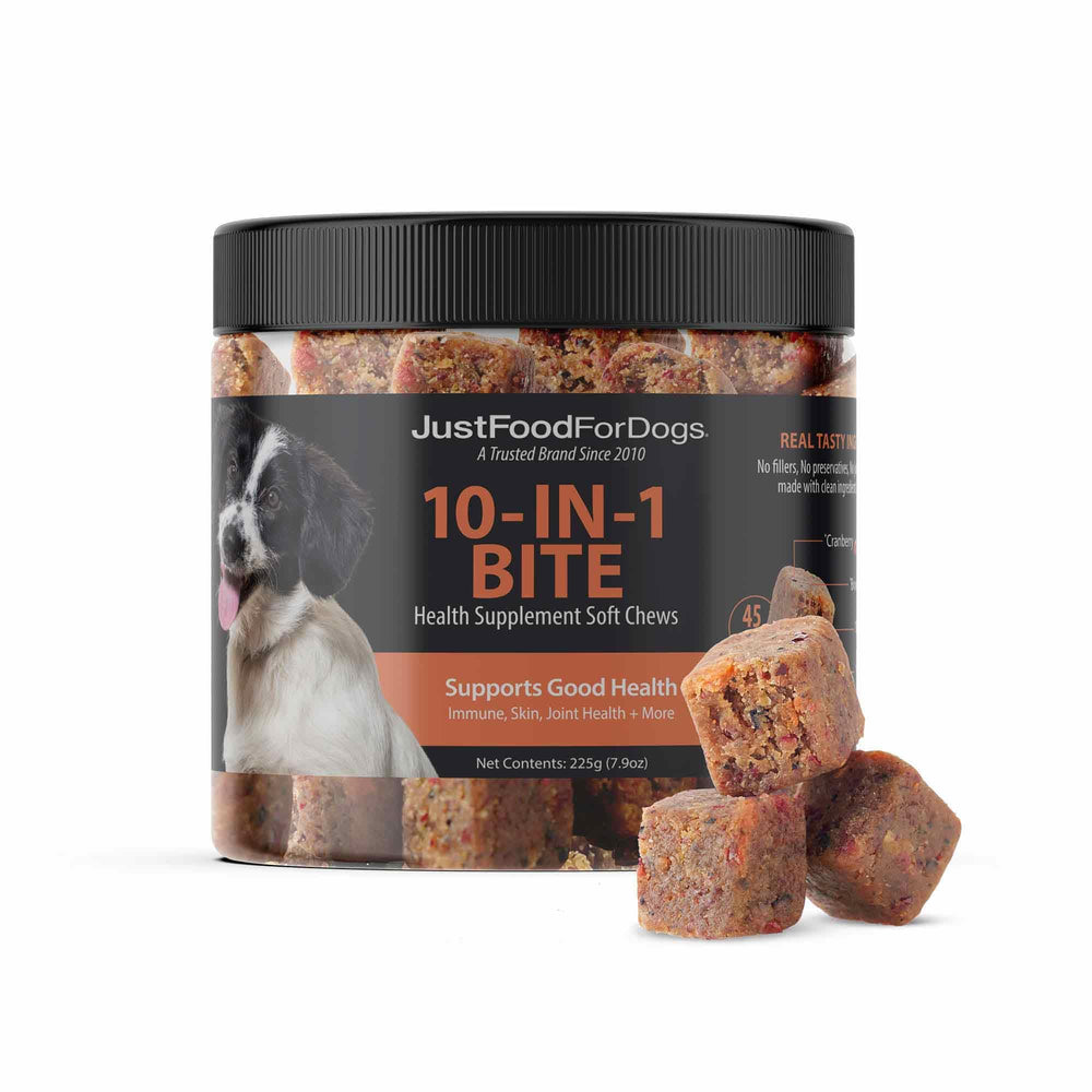JustFoodForDogs bouchées hip et articulation pour soutenir mobilité quotidienne.