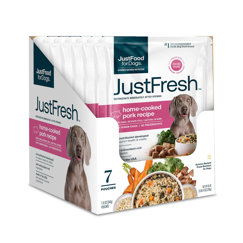 JustFoodForDogs JustFresh, sachet ouvert, repas frais prêt à servir pour chien.