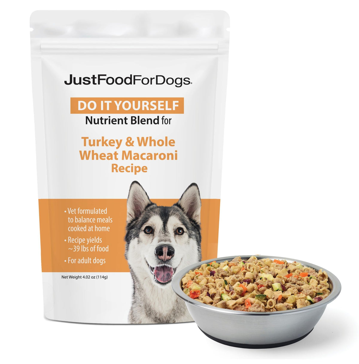 JustFoodForDogs Mélange nutritionnel bouteille: présentation pratique pour une alimentation fraîche.
