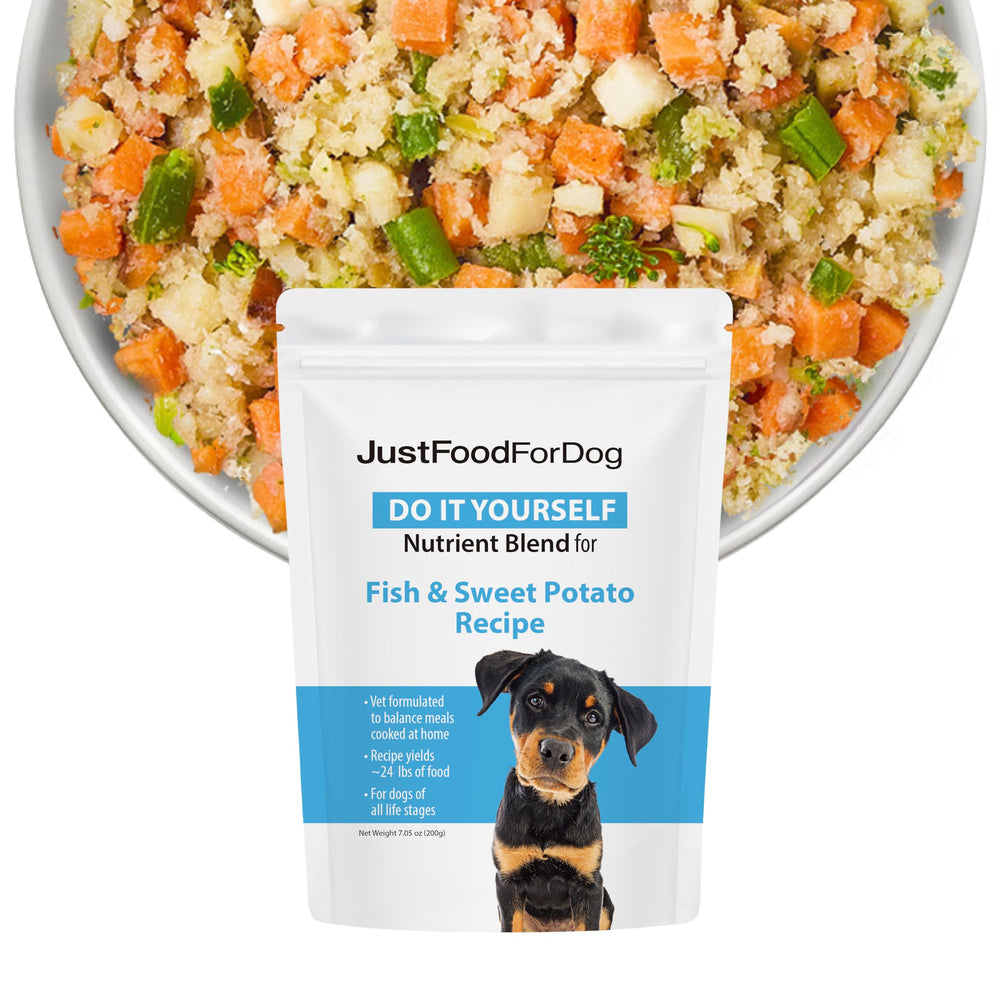 JustFoodForDogs Nutrient Blend en bocal; poisson et patate douce, repas maison.