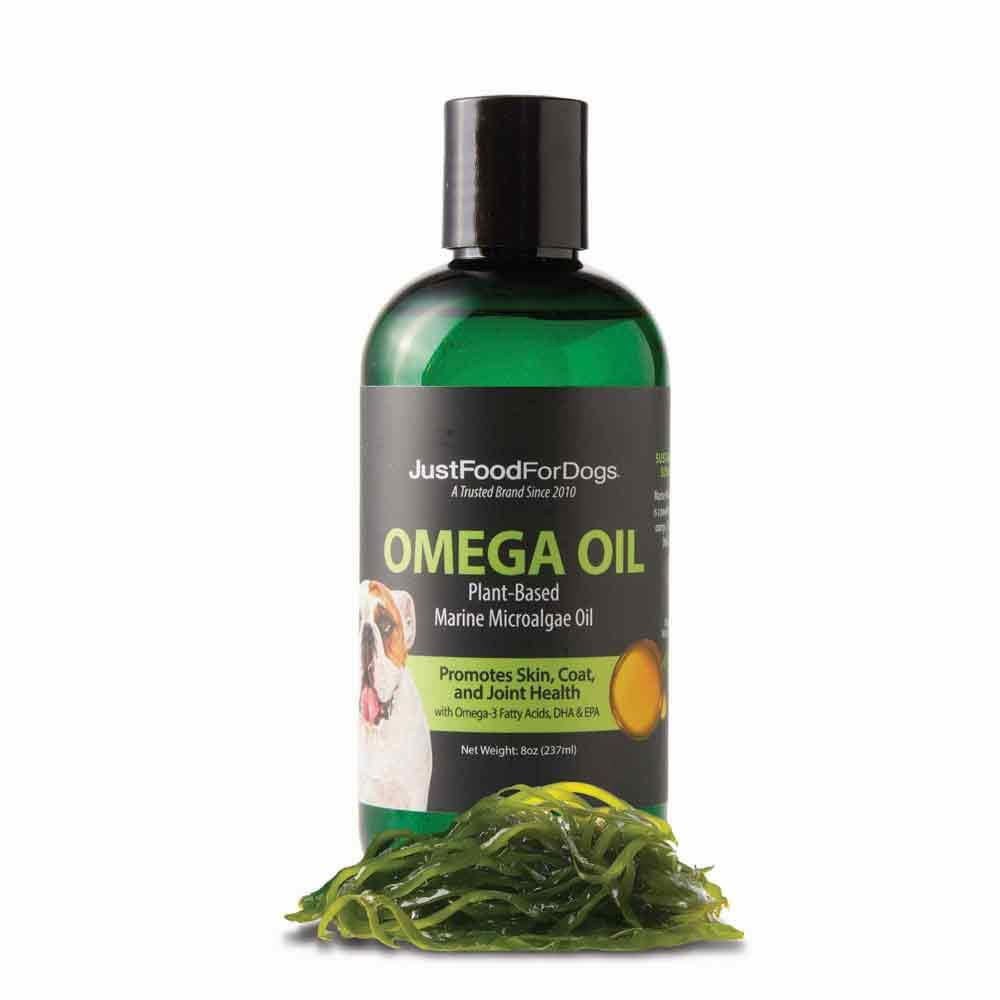 JustFoodForDogs Omega-3 pour chiens, bouteille—soutien hydratation peau et pelage.