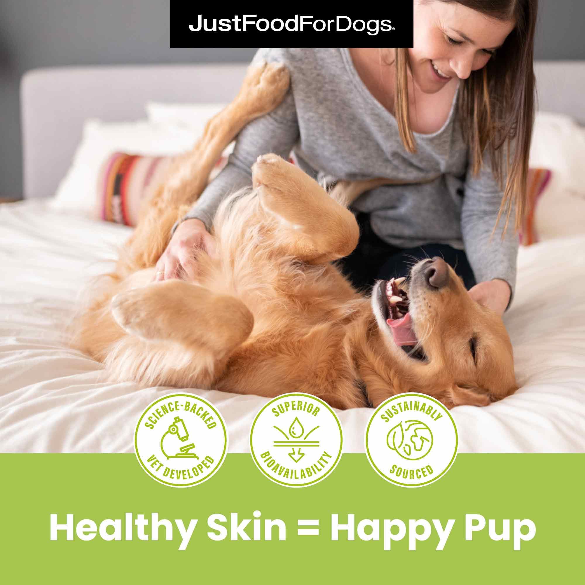 JustFoodForDogs Omega-3 pour chiens, immunité—bien-être cutané et général.