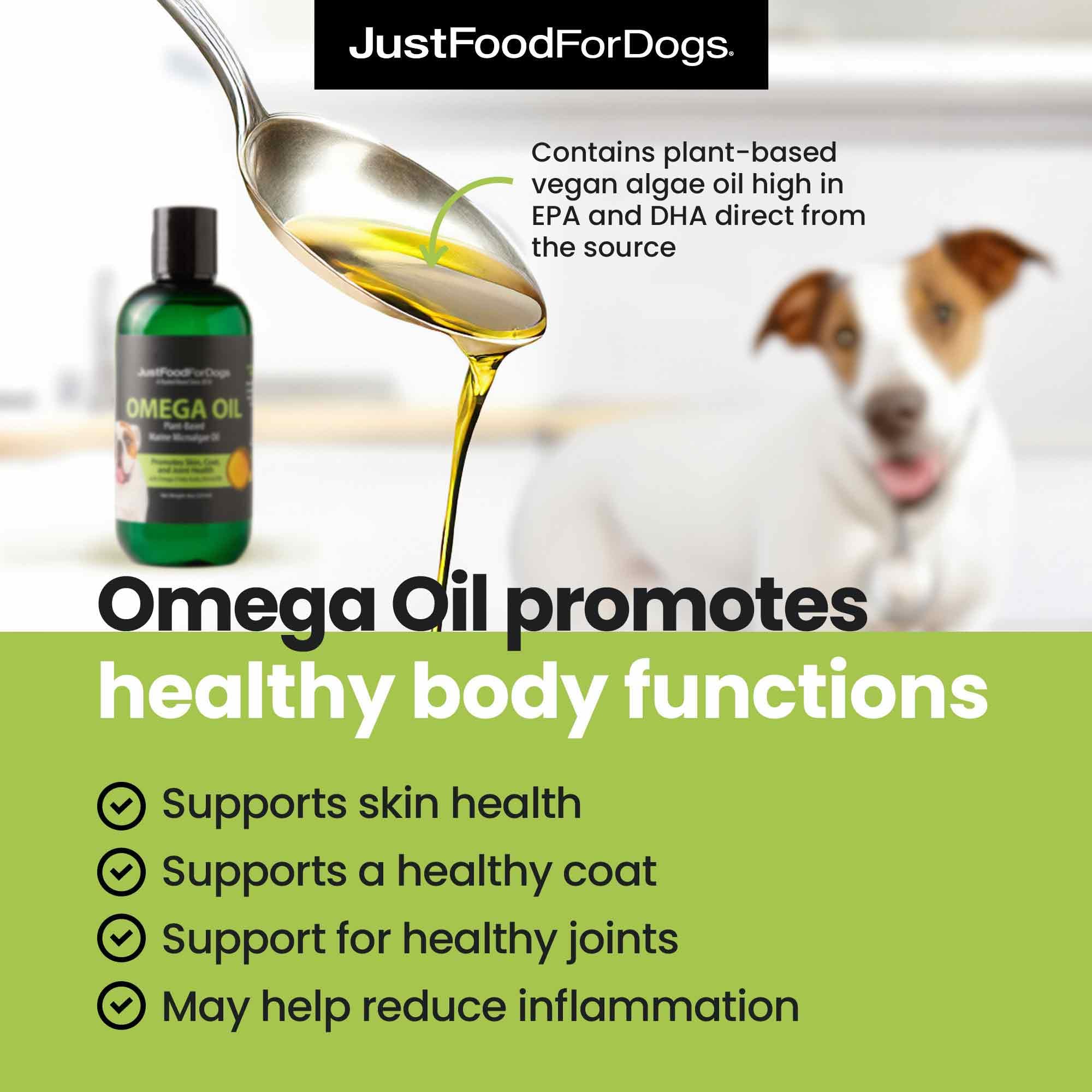 JustFoodForDogs Omega-3 pour chiens, flacon—peau saine et poils brillants.