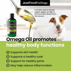 JustFoodForDogs Omega-3 pour chiens, flacon—peau saine et poils brillants.
