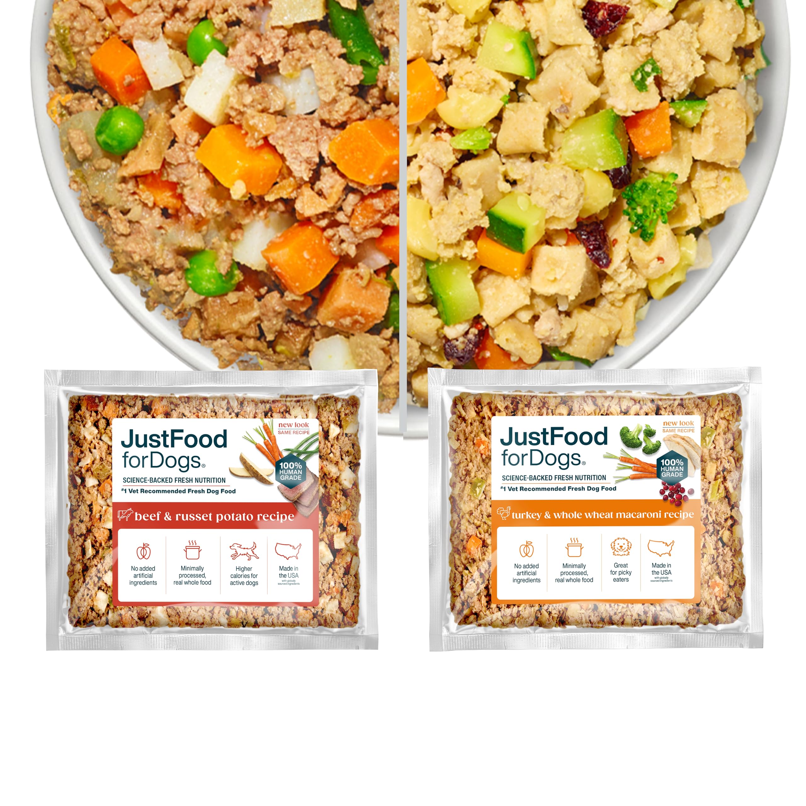 JustFoodForDogs pack varié boeuf et dinde, repas complets et faciles à servir.