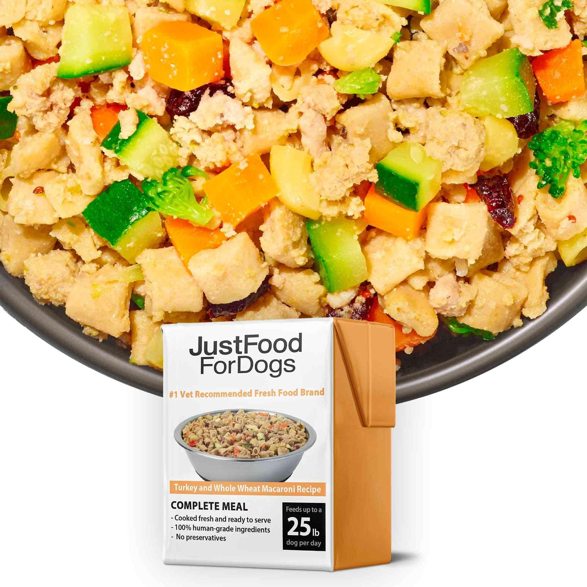 JustFoodForDogs Pantry Fresh, panier frais humide dinde et macaroni, repas complet et facile à digérer.