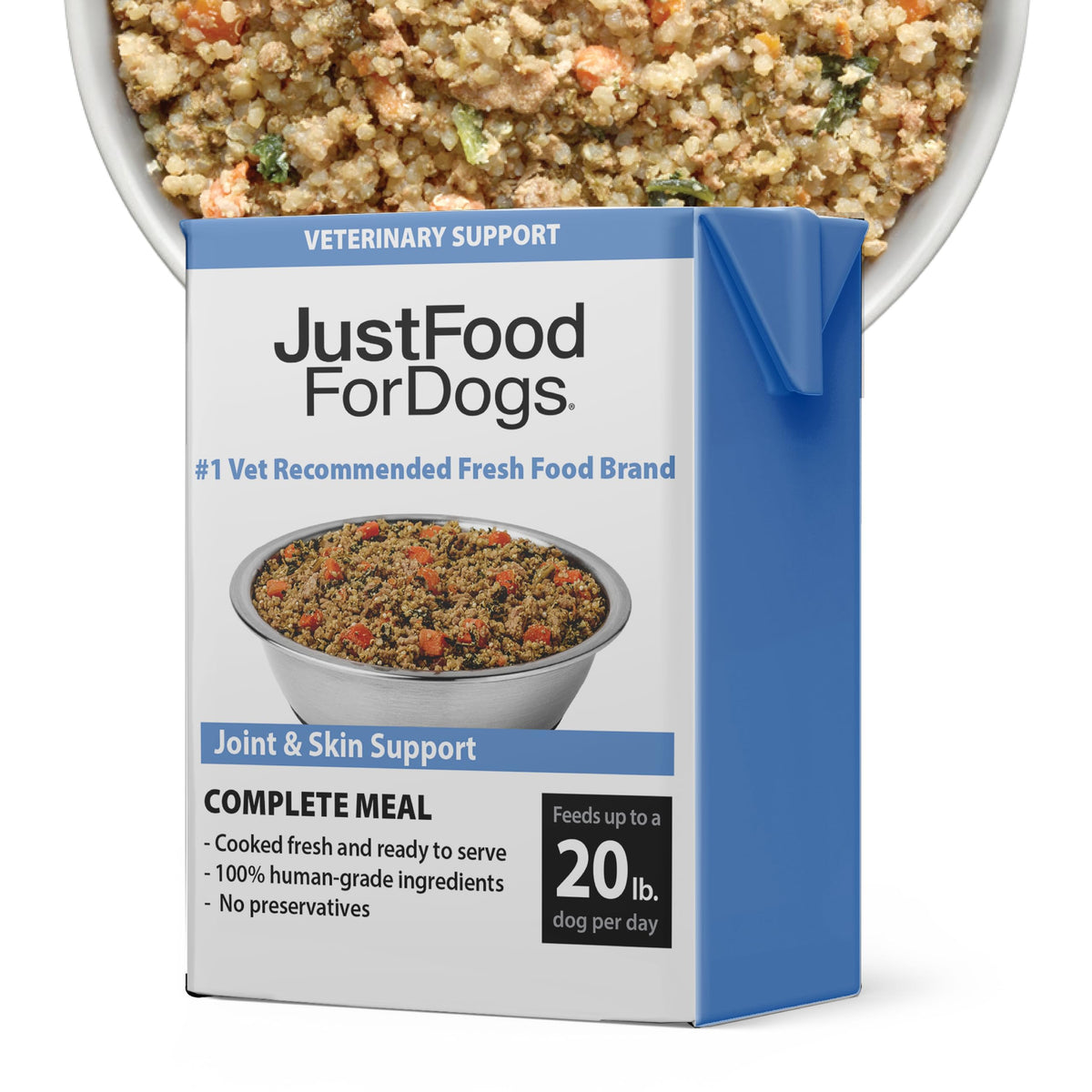 JustFoodForDogs Panier Frais – Nourriture humide porc et quinoa, emballage Tetra Pak, pratique et sûr.