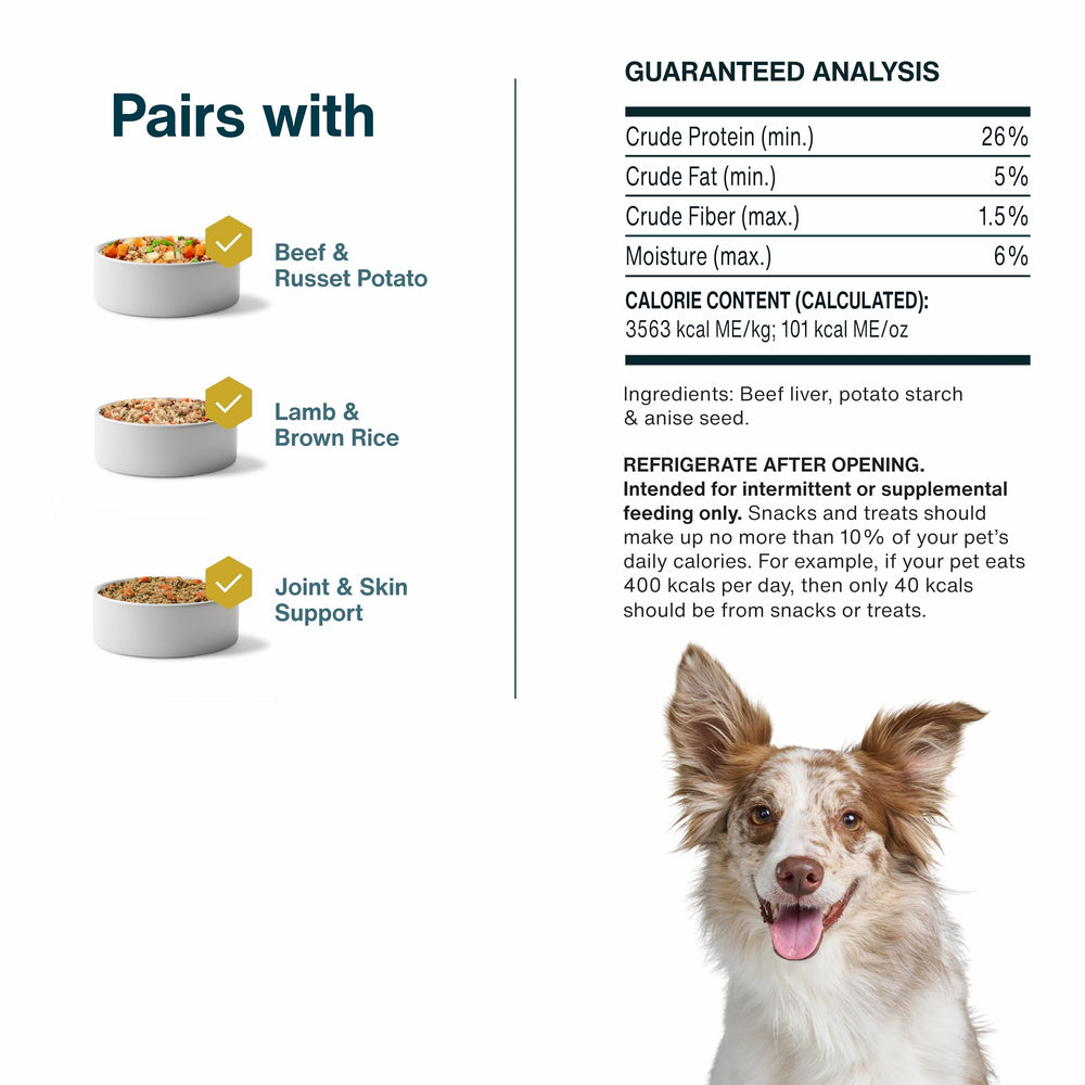 JustFoodForDogs format pratique 5 onces pour des collations faciles à emporter.