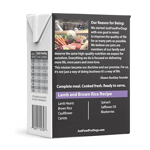 JustFoodForDogs plat agneau riz brun dans bol, repas savoureux et équilibré.