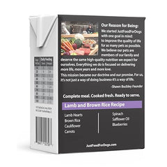 JustFoodForDogs plat agneau riz brun dans bol, repas savoureux et équilibré.