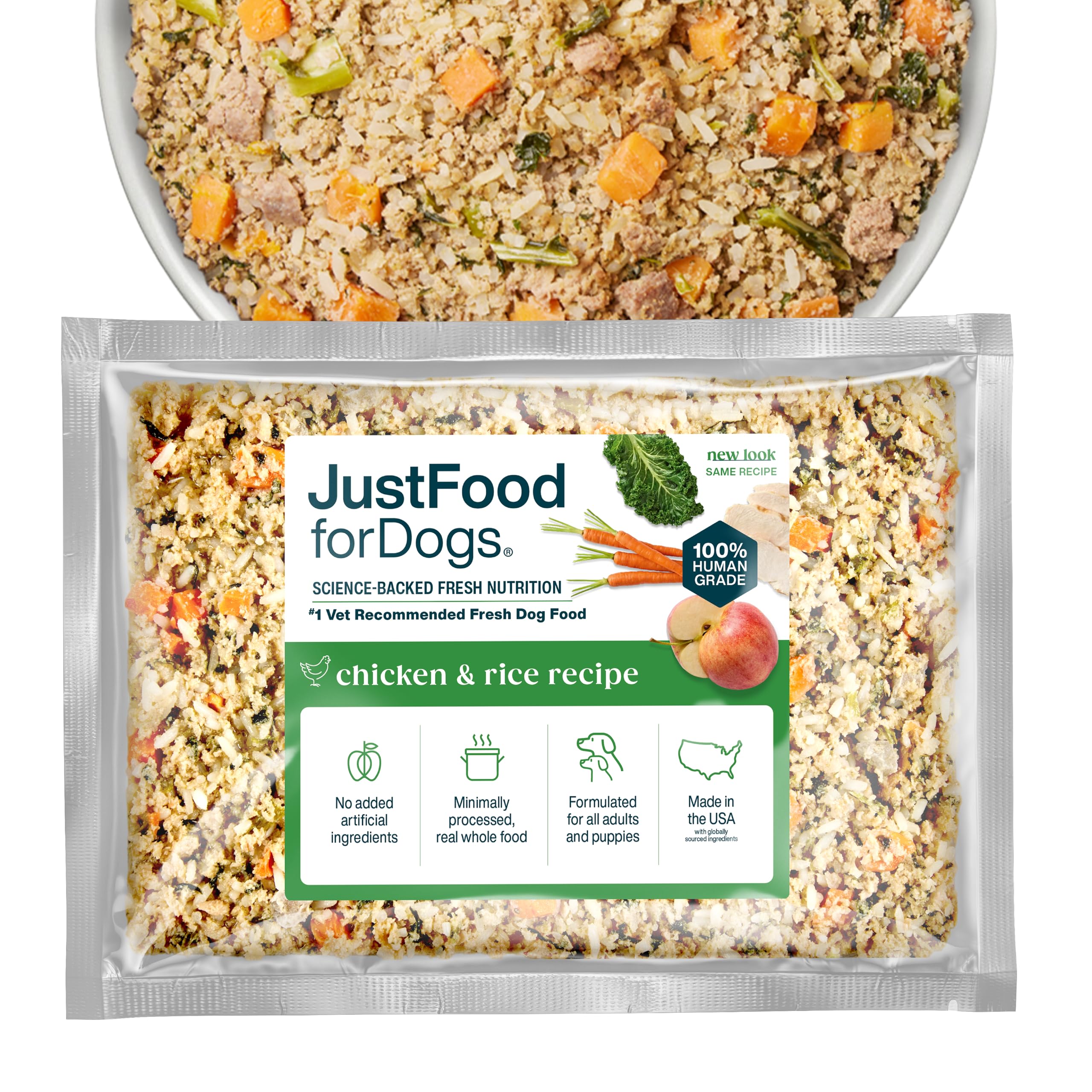 JustFoodForDogs poulet et riz – plat frais pour chien exigeant, bon goût.