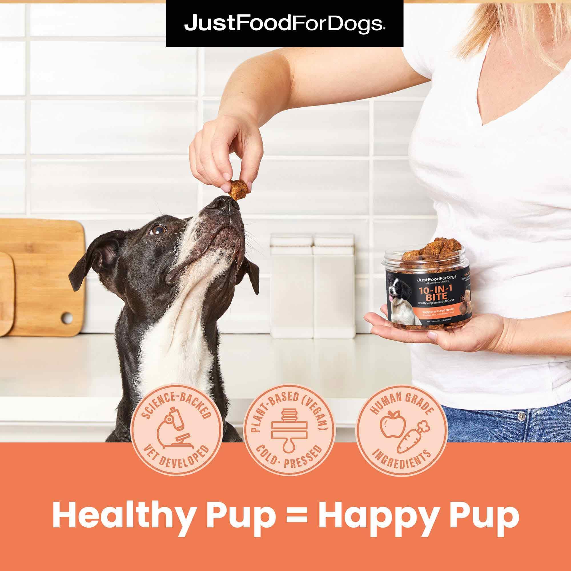 Super-aliments JustFoodForDogs myrtilles, brocoli et carottes pour nutrition riche.