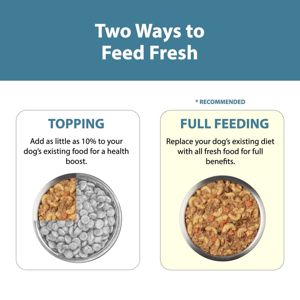 JustFoodForDogs utilisation: repas complet ou garniture polyvalente pour plus de flexibilité.