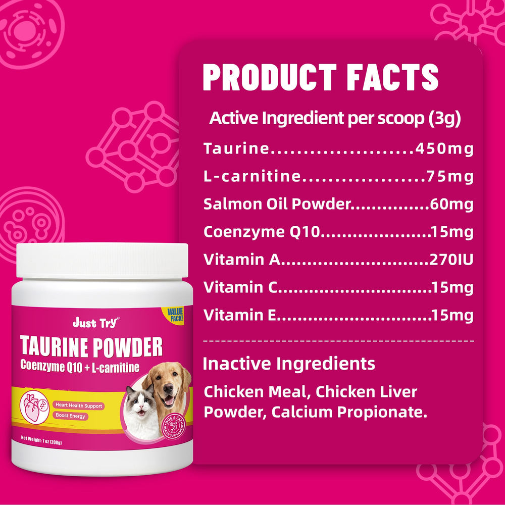 Just Try Taurine CoQ10: poudre pure sans charges pour tout stade de vie.