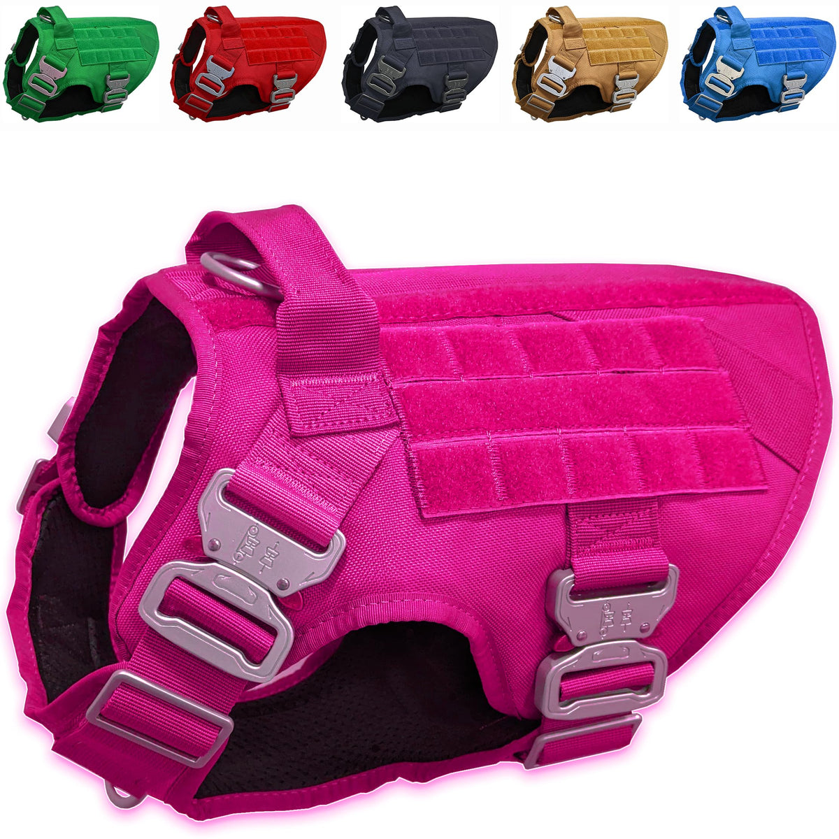 Harnais JVA Pro rose avec quatre boucles métalliques pour une durabilité lors des promenades.