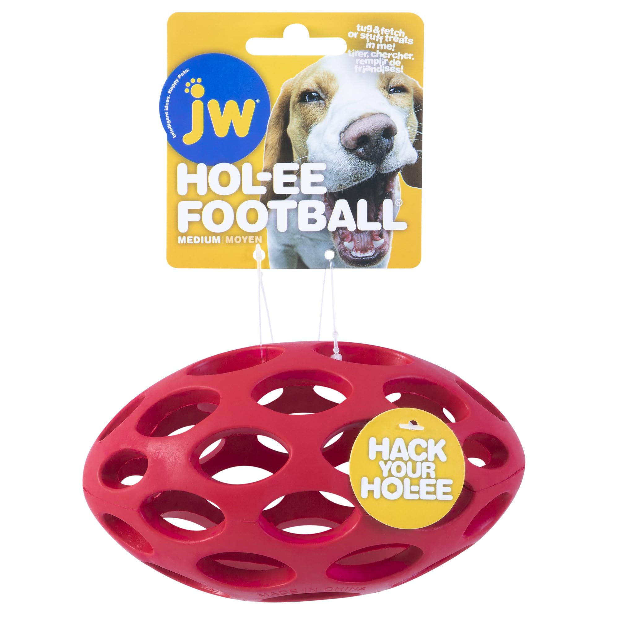 JW Hol-ee Football, balle puzzle en caoutchouc naturel prête à être remplie de friandises.