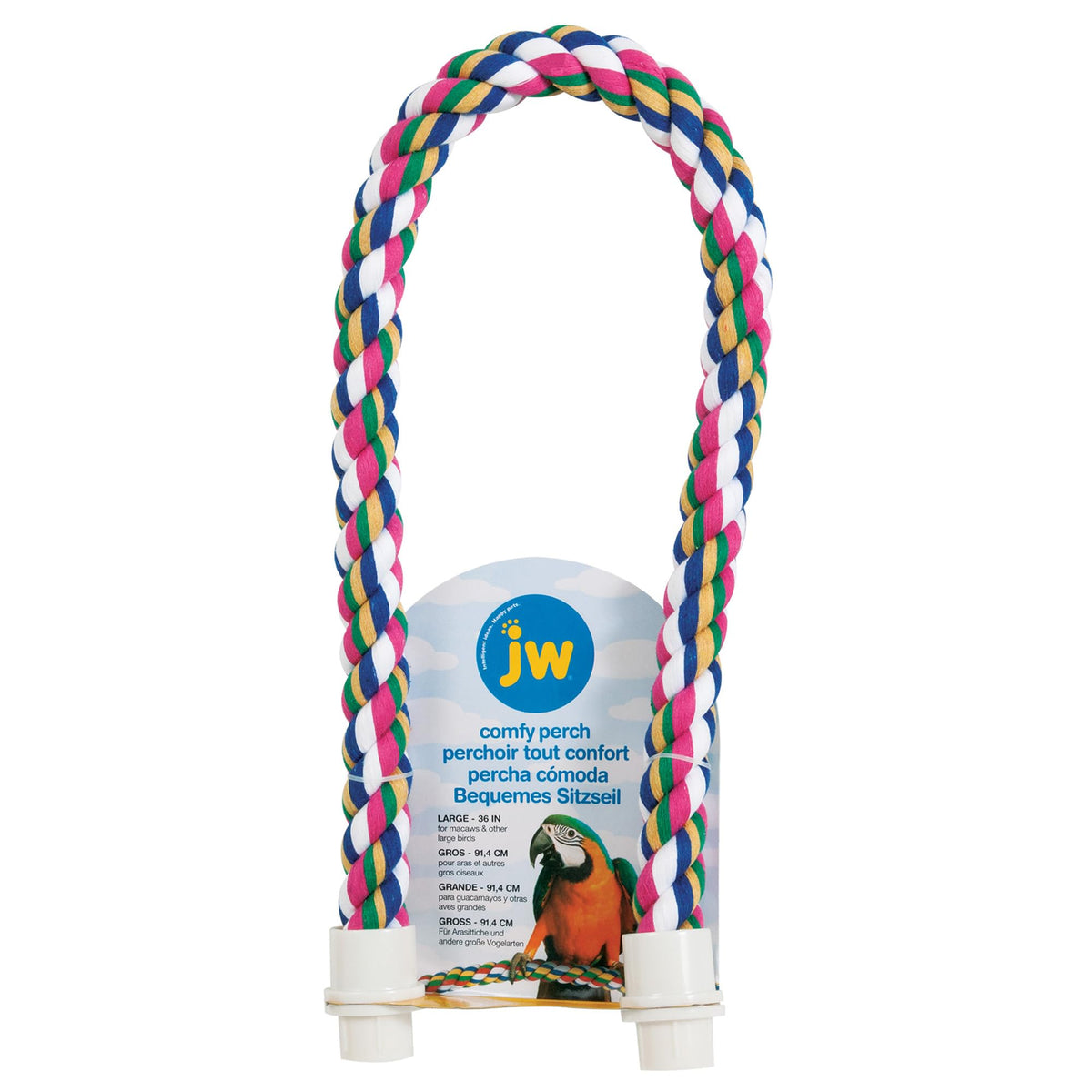JW Pet Comfy Perch, corde colorée 36 pouces, stimule l'activité et la prise.